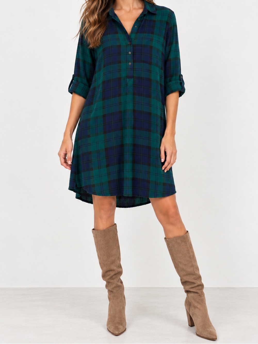 Old Navy Collared Shirt Dress Loose Flowy Blue Green Checkered Plaid Large